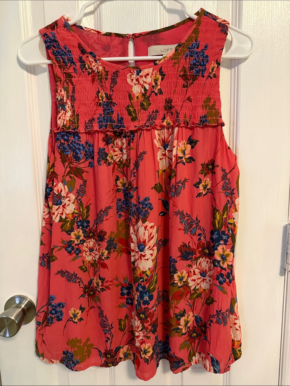 LOFT Pink Floral Sleeveless Smocked Yoke Top